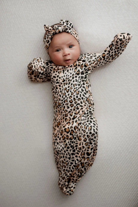 Knotted Baby Gown and Bow Set - Leopard
