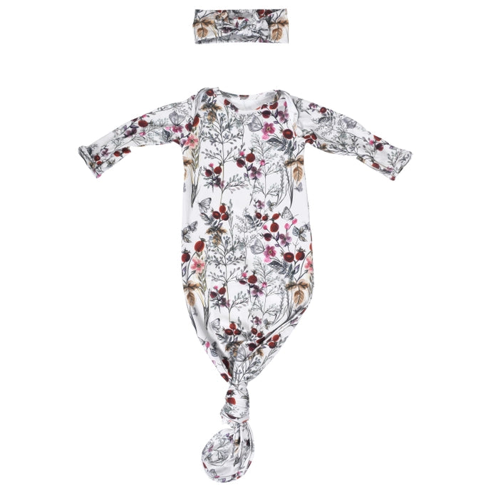 Knotted Baby Gown and Headband Set - Floral