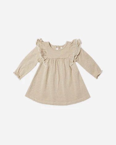 Long Sleeve Flutter Dress - Latte Micro Stripe