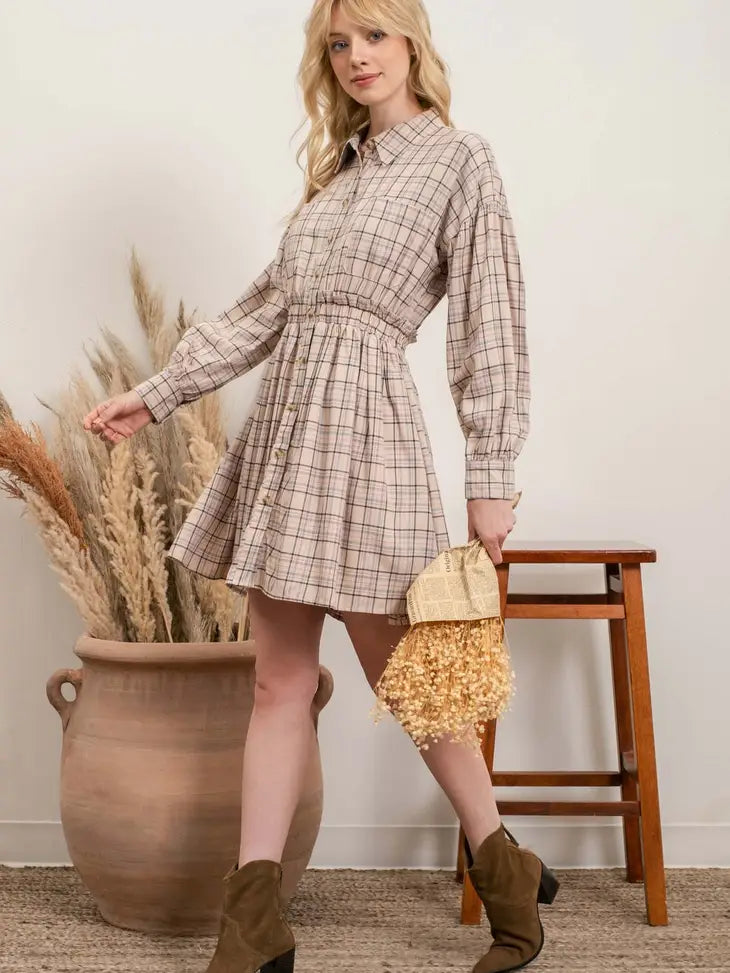 Plaid Button Up Dress Beige