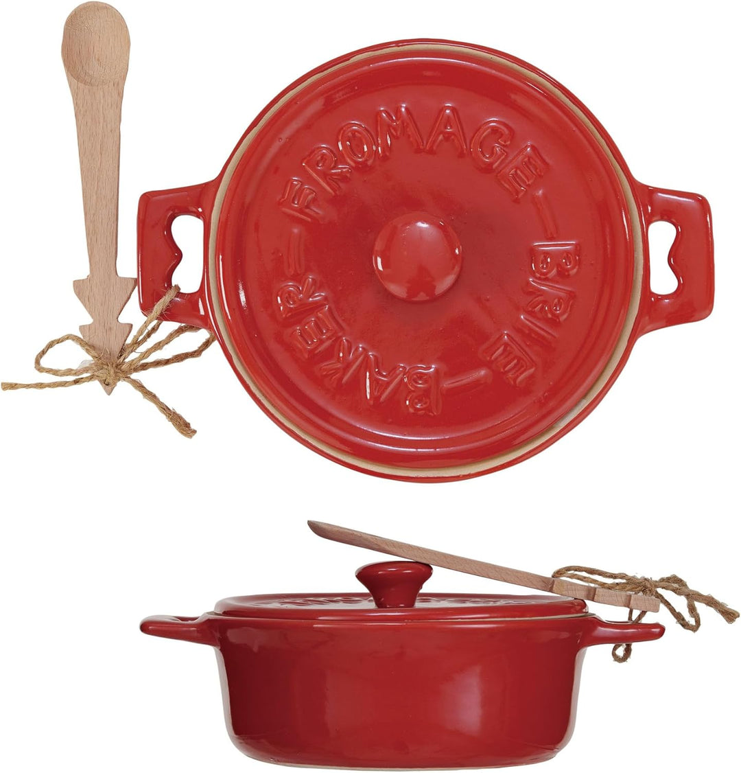 Red Stoneware Brie Baker with Wood Tree Shaped Spoon
