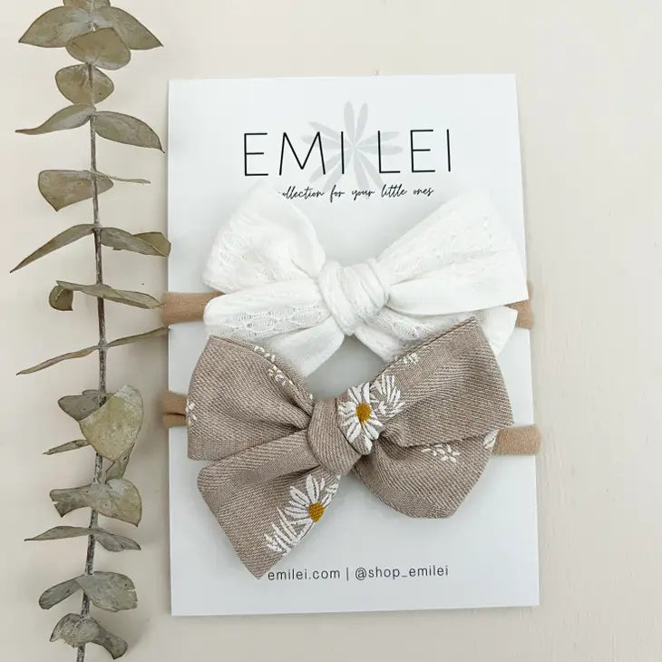 Nylon Headband Bow - Stitched White & Neutral Daisy