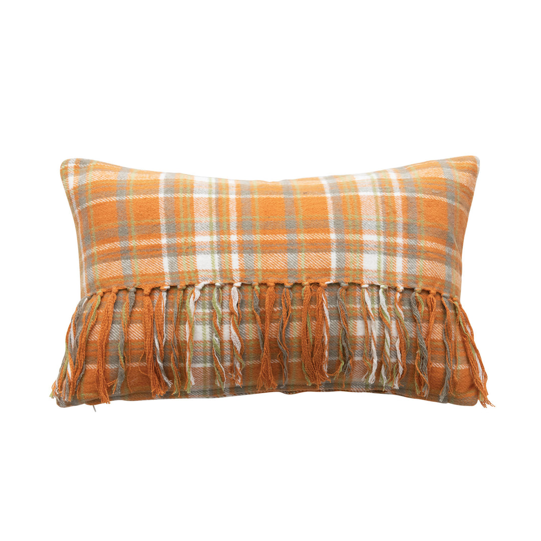 20" x 14" Cotton Flannel Lumbar Pillow with Fringe - Multicolor Plaid