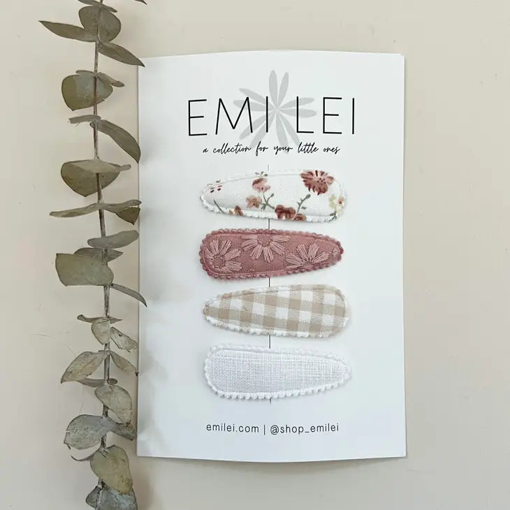 Fabric Snap Barrettes - Embroidered Pink/Neutral Gingham