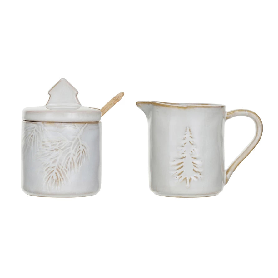 Stoneware Creamer and Sugar Pot with Wood Spoon