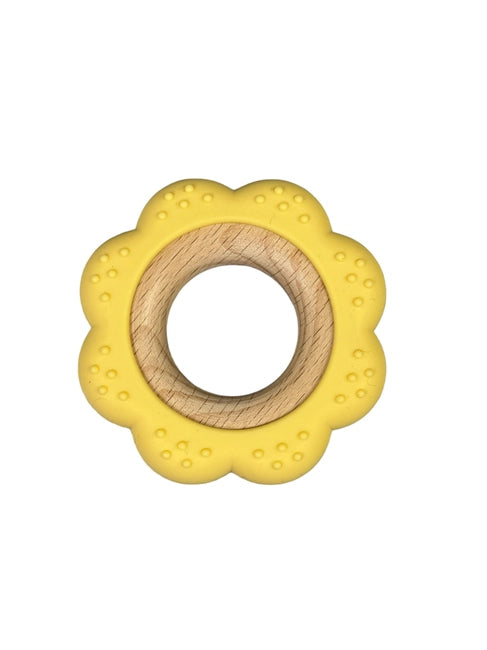 Bpa Silicone & Beechwood Teether Ring Flower - Butter Yellow