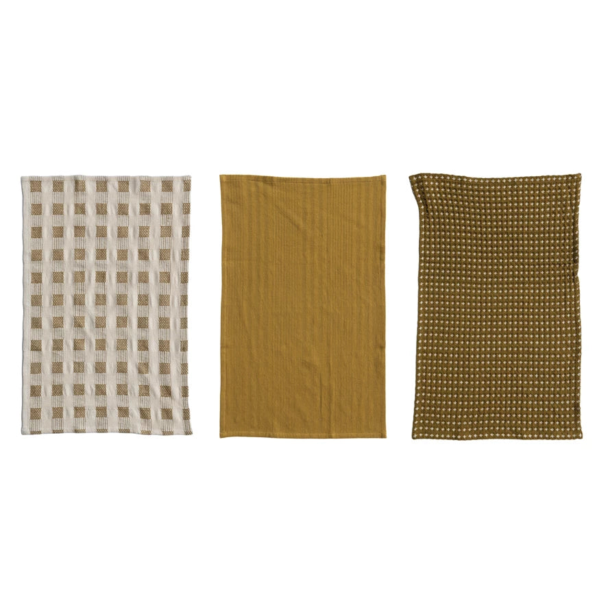 Woven Cotton Tea Towels, Green - Set of 3