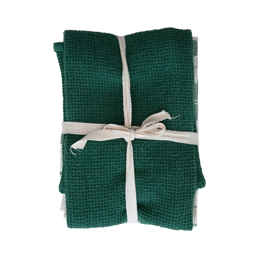 Cotton Woven/Waffle Weave Tea Towels, Green & White, Set of 3