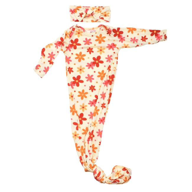 Knotted Baby Gown and Bow Set - Groovy Flower