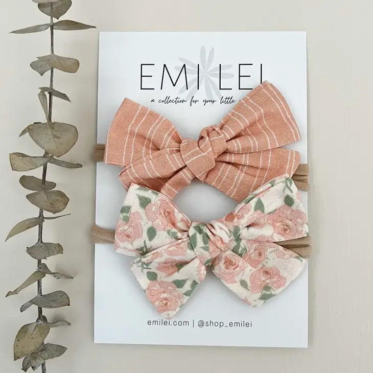 Nylon Headband Bow - Peach Stripe/Blush Garden Roses