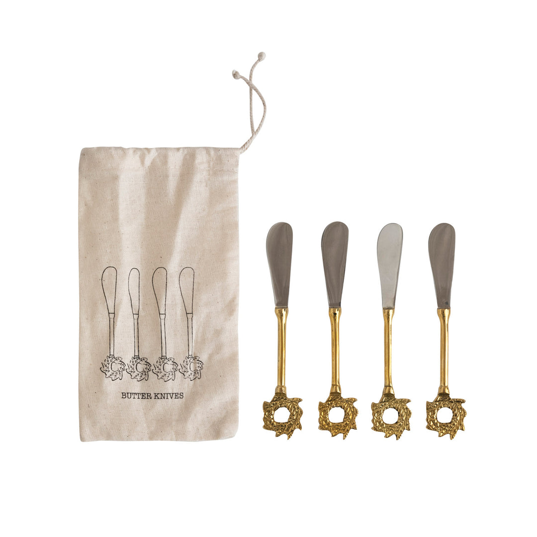 Stainless Steel and Brass Canape Knives with Wreath Handles