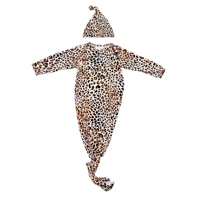 Leopard Knotted Baby Gown & Hat Set