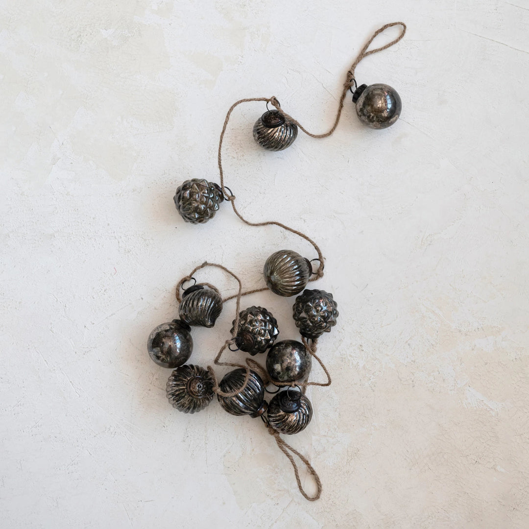 Antique Pewter Embossed Mercury Glass Ornament Garland w/ Jute Cord, 72" long