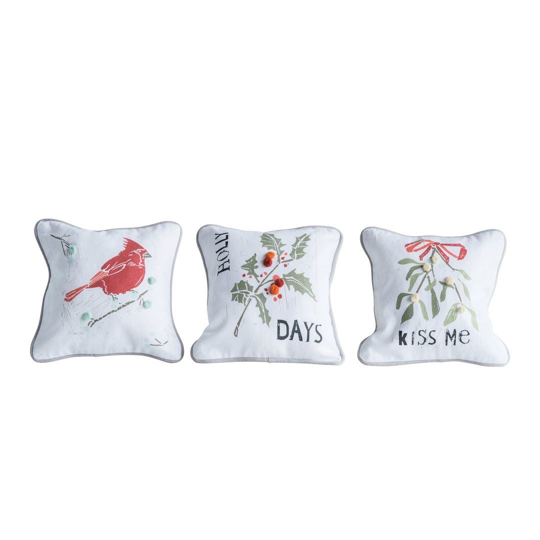 10" Cotton Pillow with Pom Poms Applique, 3 Styles
