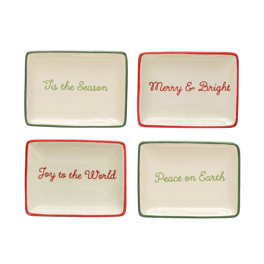 Stoneware Dish w/ Holiday Words & Red/Green Rim, Cream Color, 4 Styles