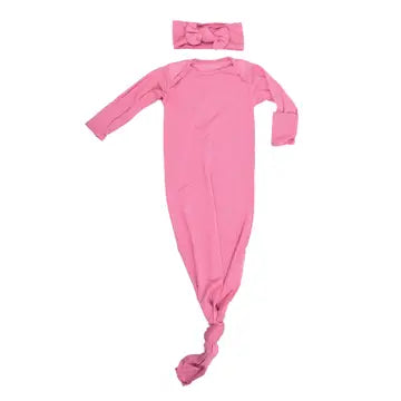 Knotted Baby Gown and Bow Set - Rose