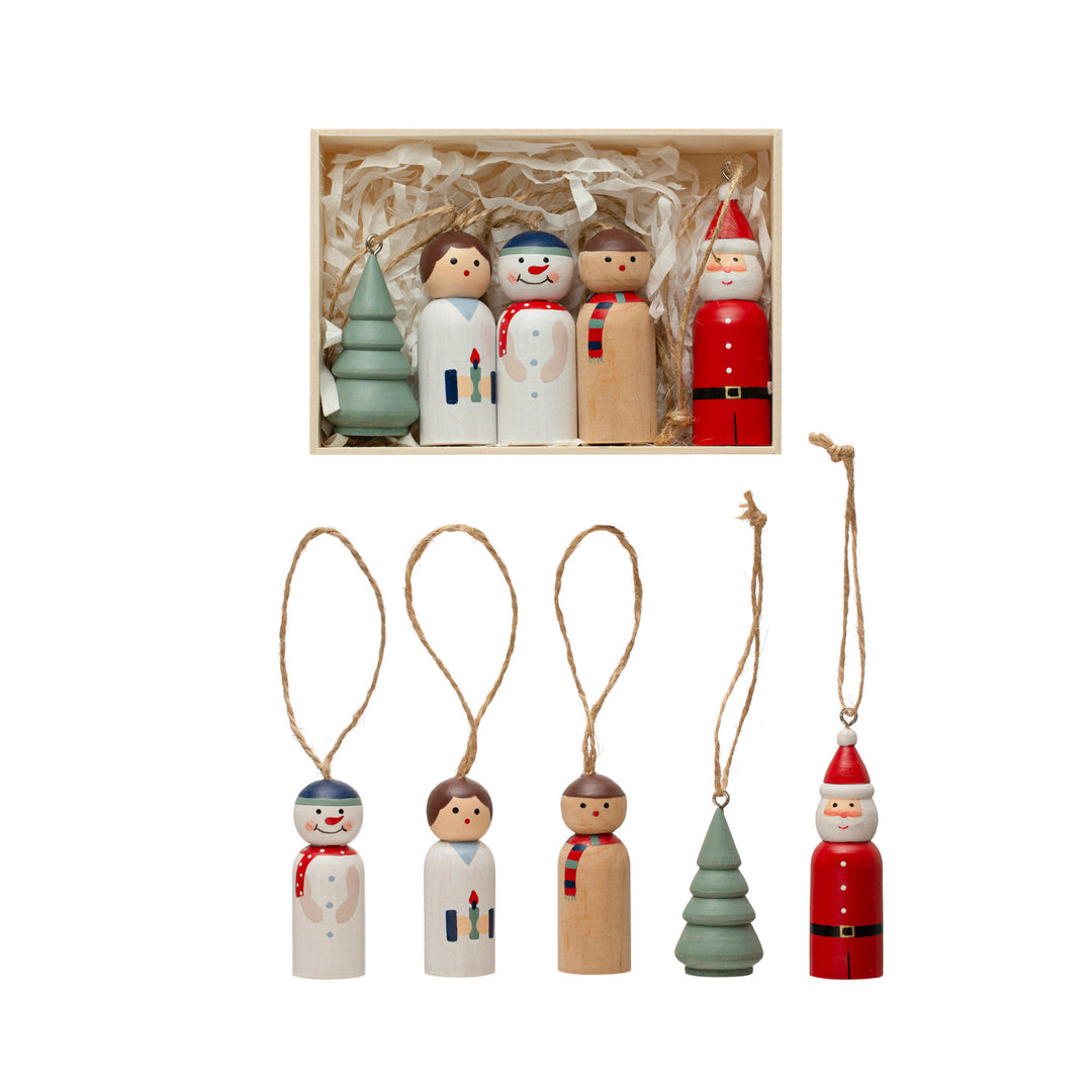 Hand-Painted Pine Wood Christmas Ornaments, Boxed Set of 5