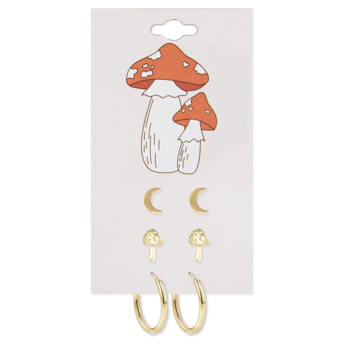 Gold Mushroom Post Hoop Earring Set