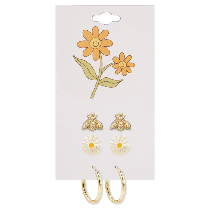 Gold Bee Flower Post Hoop Earrings Set