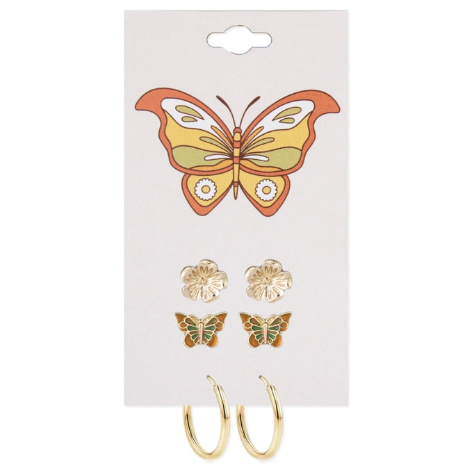 Gold Flower Butterfly Post Hoop Earrings Set