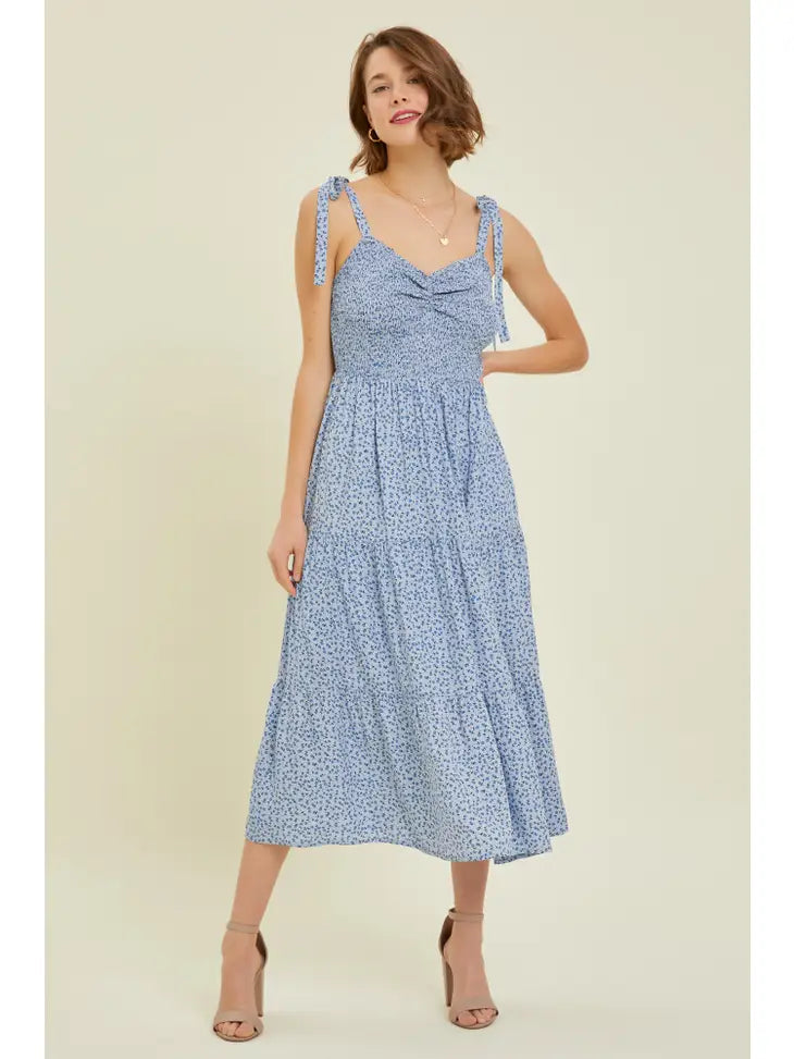 Romantic Floral Smocked Midi Dress- Sky Blue