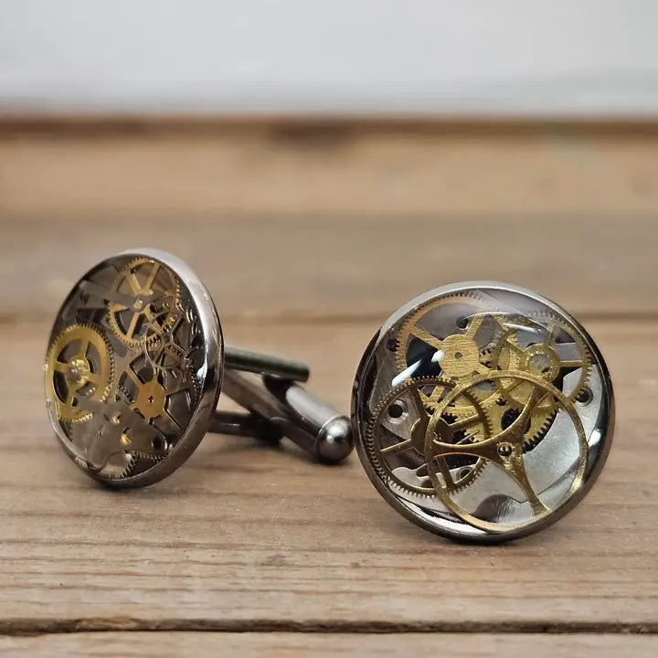 Steampunk Gunmetal Cufflinks Upcycled Watch Parts Set of 2