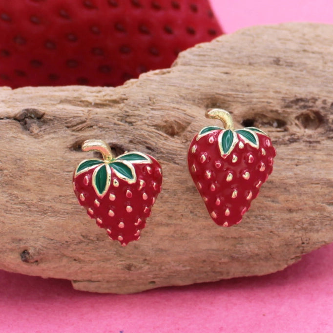 Sweet Gold Red Strawberry Post Earrings