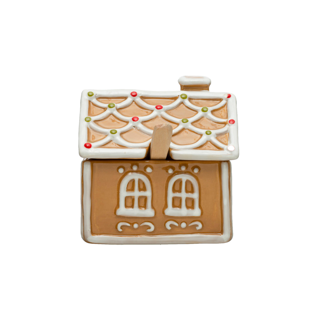 Gingerbread House Sugar Pot w/ Wood Spoon