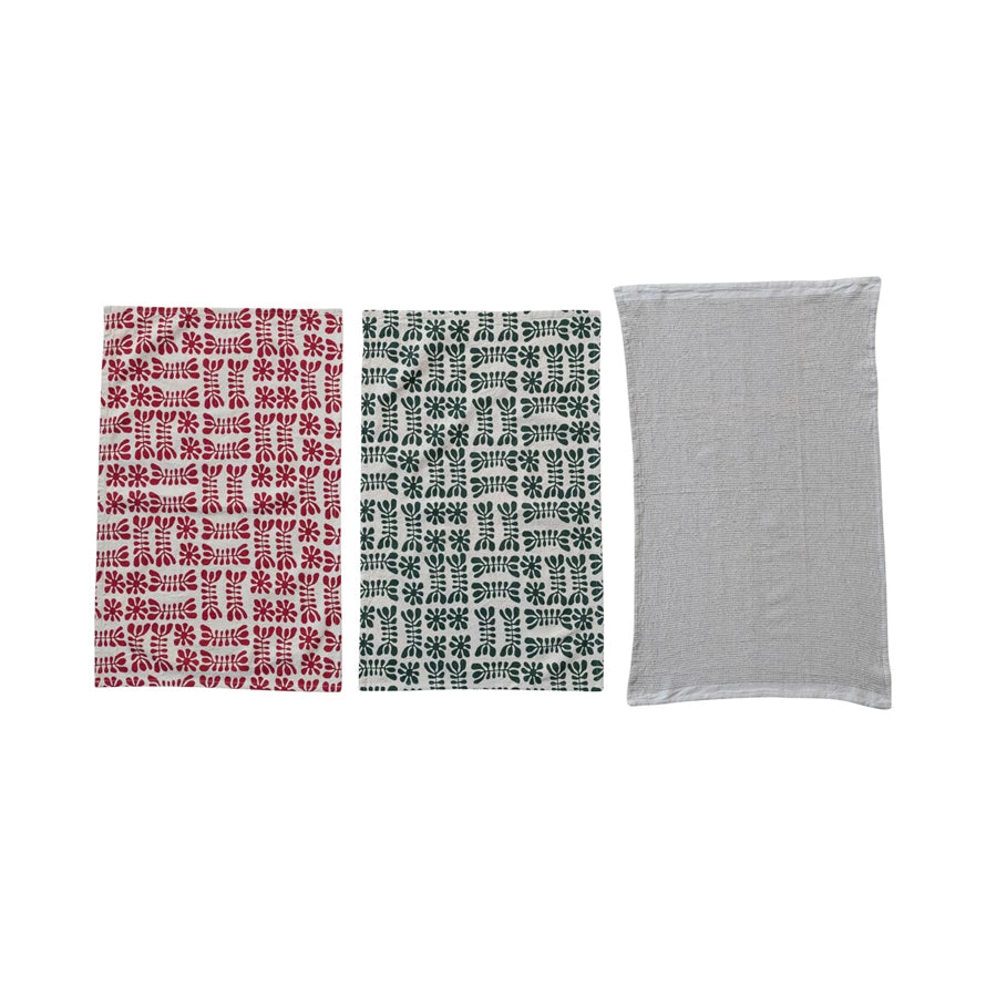 Red, Green, & Cream Cotton Woven Tea Towels