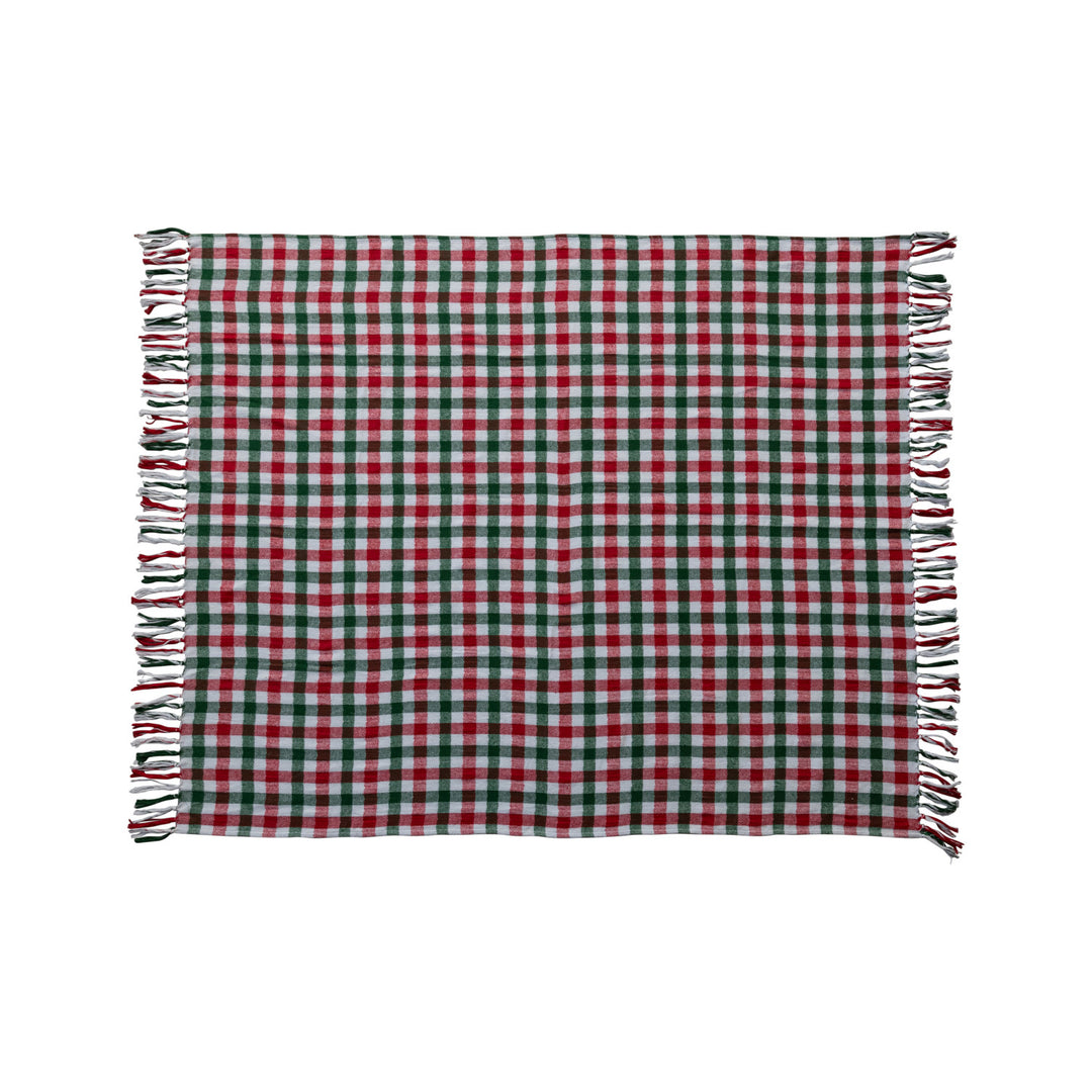 Flannel Throw w/ Fringe, Red, Green & White Gingham, Brushed Cotton