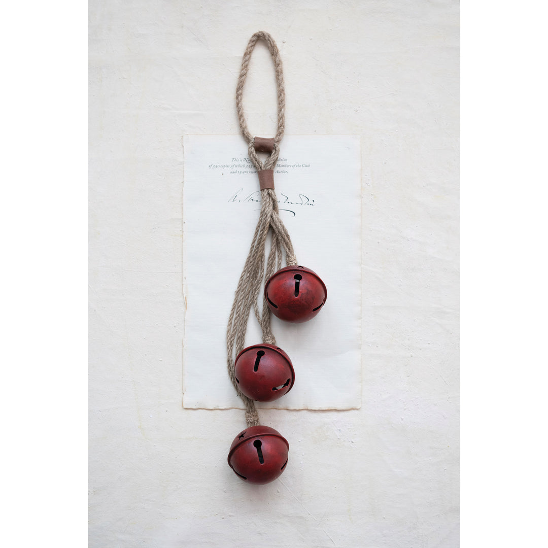 23"L Metal Bells on Rope Hanger - Distressed Red