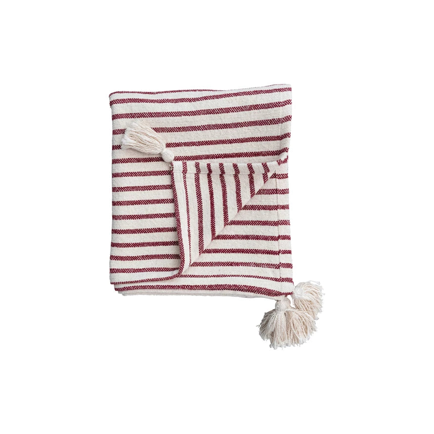 Red & Cream Cotton Throw w/ Stripes & Tassels