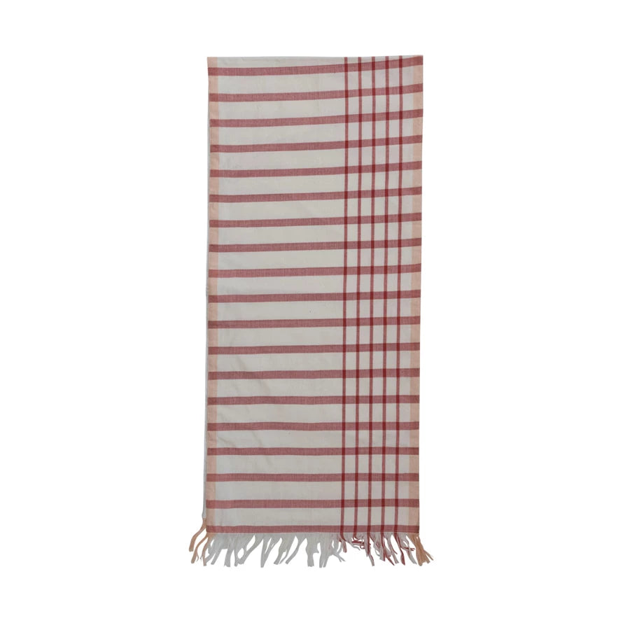 Red & White Woven Cotton Table Runner w/ Stripes & Fringe