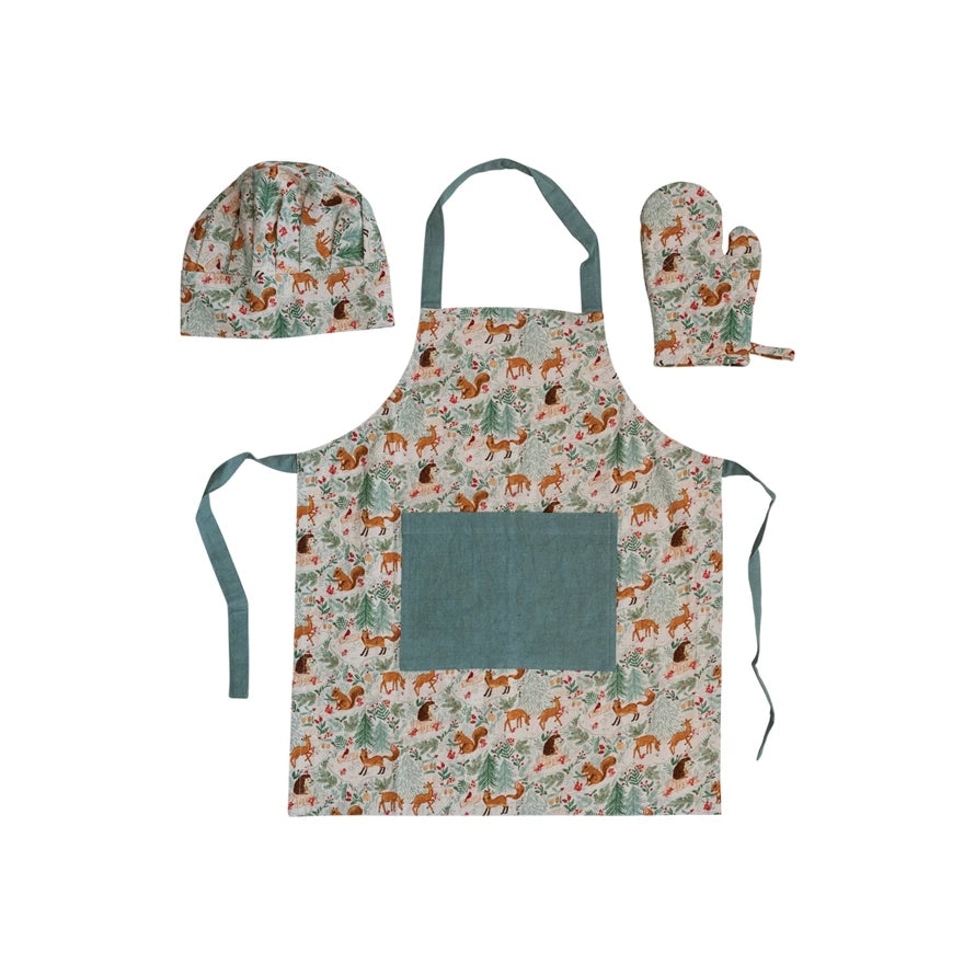 Cotton Child Apron w/ Pocket, Chef Hat & Hot Mitt, Set of 3
