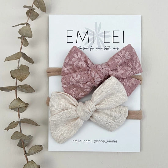 Nylon Headband Bow - Embroidered Blush/Ivory