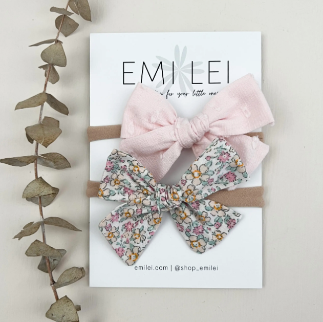 Nylon Headband Bow - Pastel Floral/Soft Pink