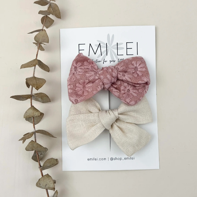 Alligator Clip Bow - Embroidered Blush/Ivory