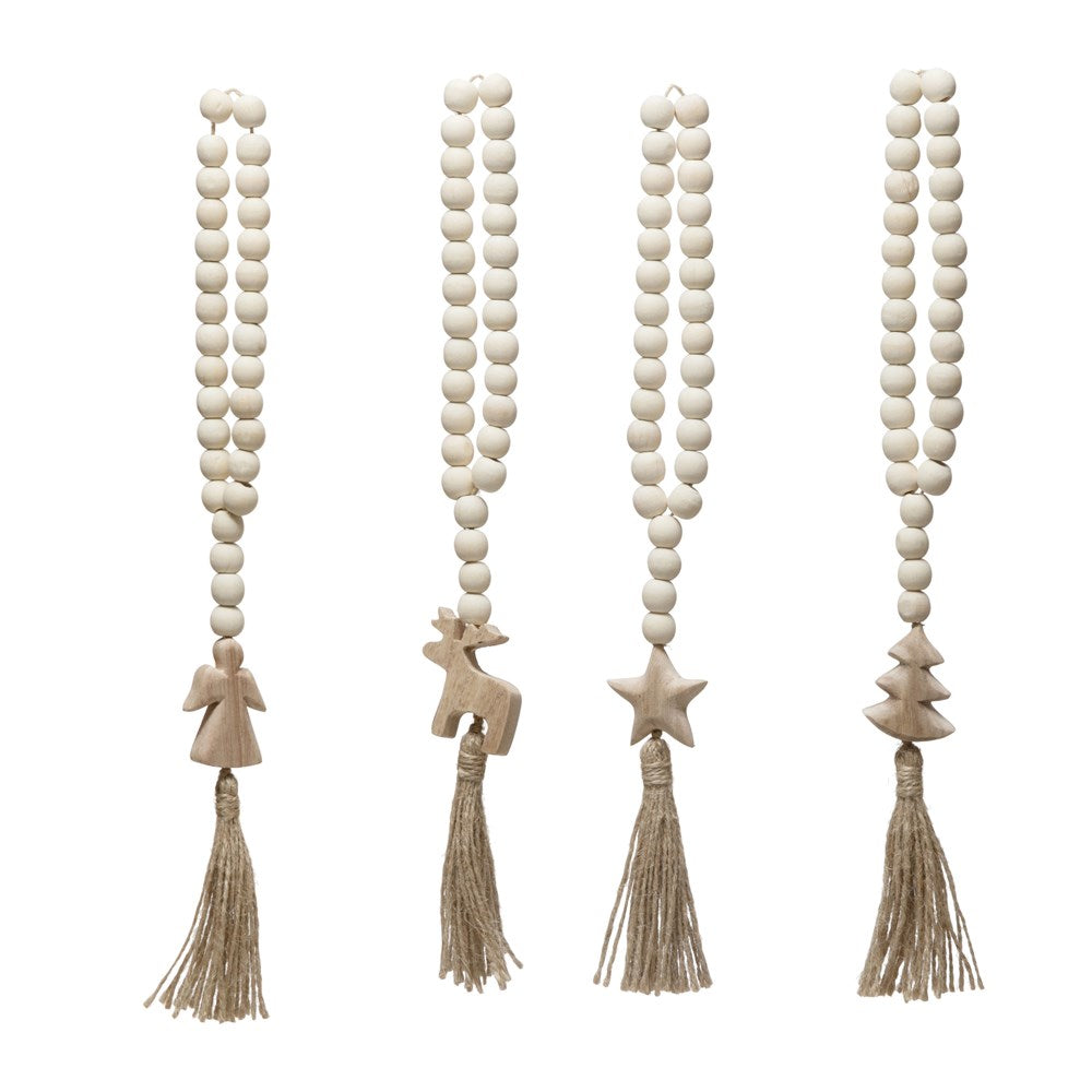 14"L Paulownia Wood Beads w/ Seasonal Icon & Jute Tassel