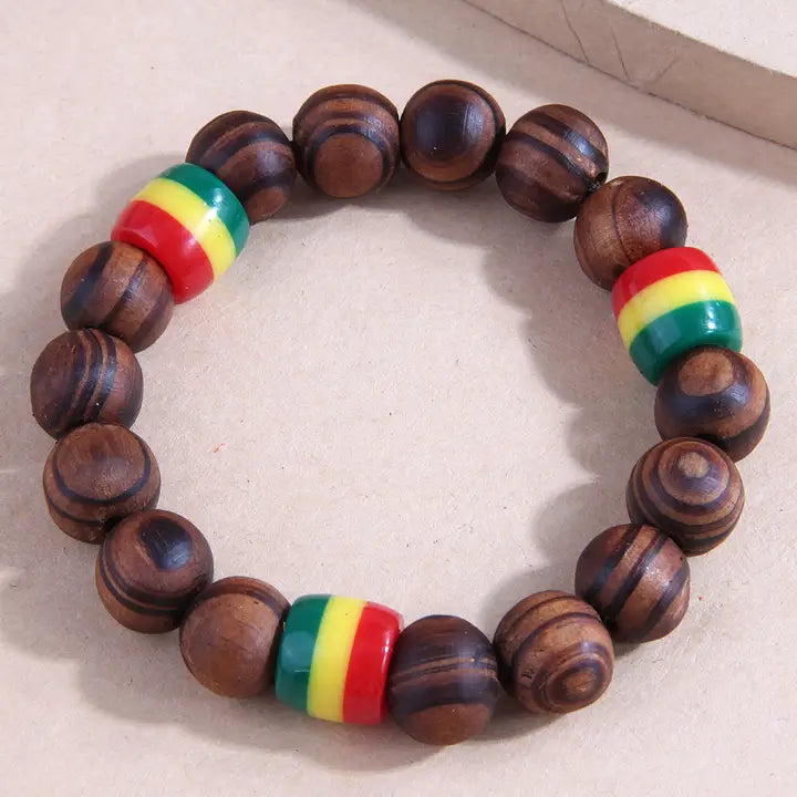 Wooden Rasta Beads Bracelet - Jamaican-Inspired Reggae Style