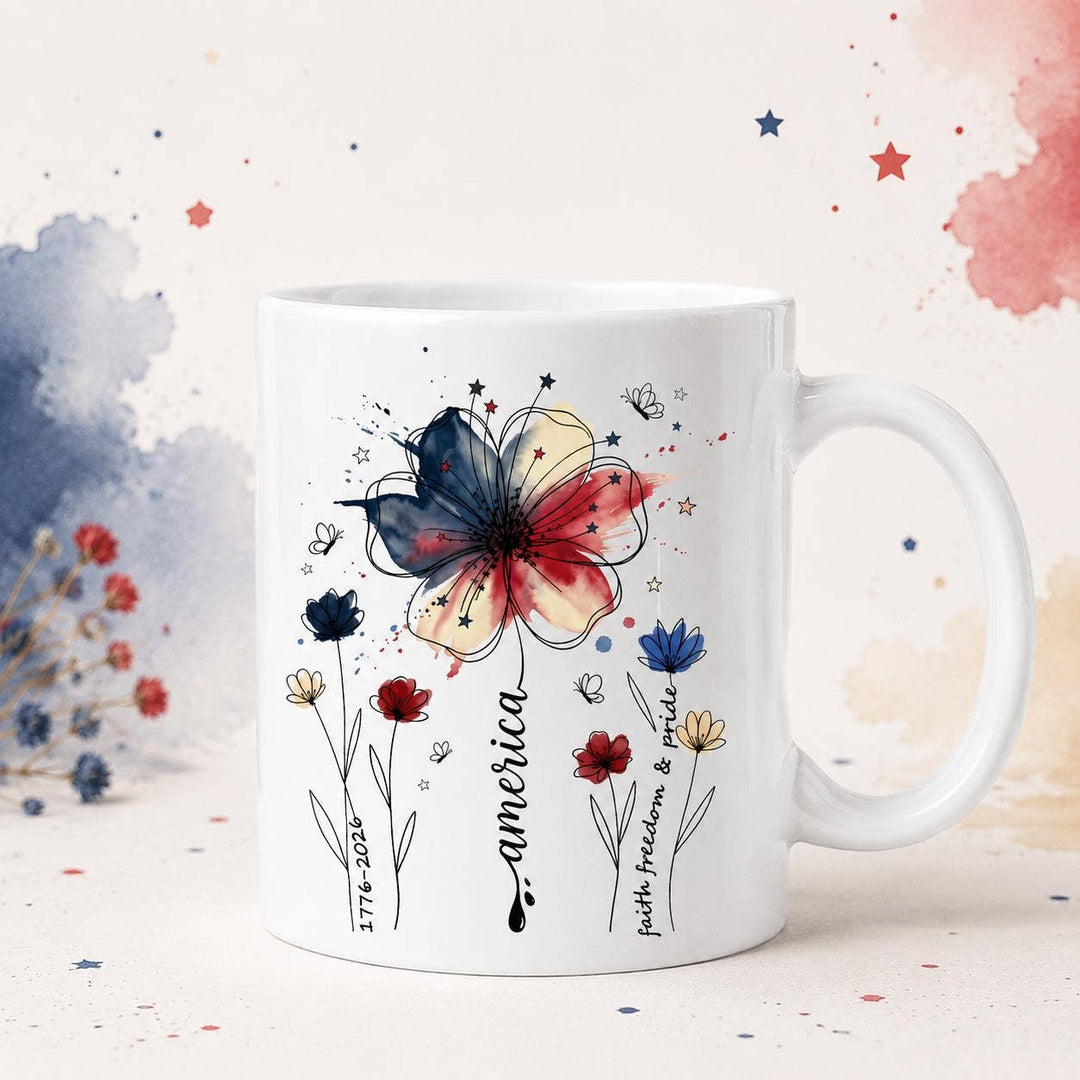 Patriotic Floral Mug ,Red White Blue Wildflower Cup
