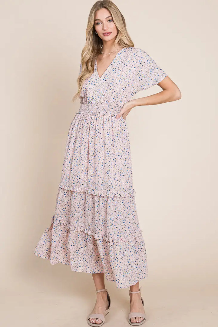 Romantic Floral Maxi Dress with Smocked Waist - Baby Pink