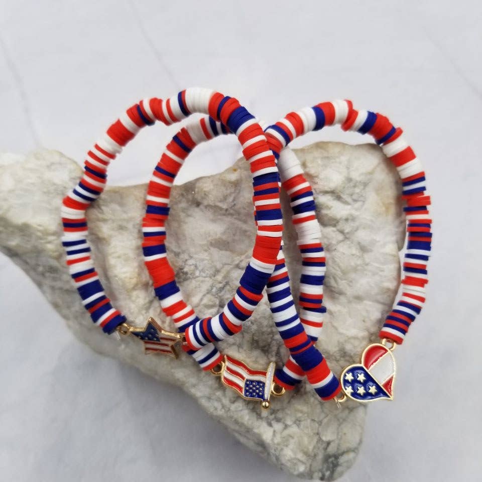 American Flag & Heart & Star Patriotic Heishi Bracelet