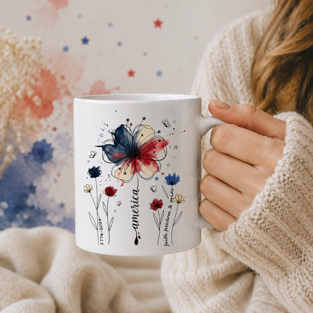 Patriotic Floral Mug ,Red White Blue Wildflower Cup