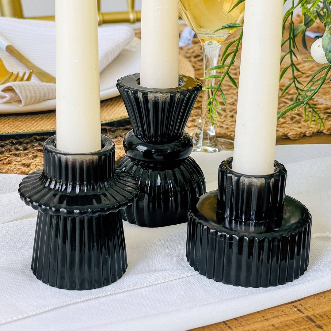 Ribbed Black Glass Candle/Candlestick Holders Set of
