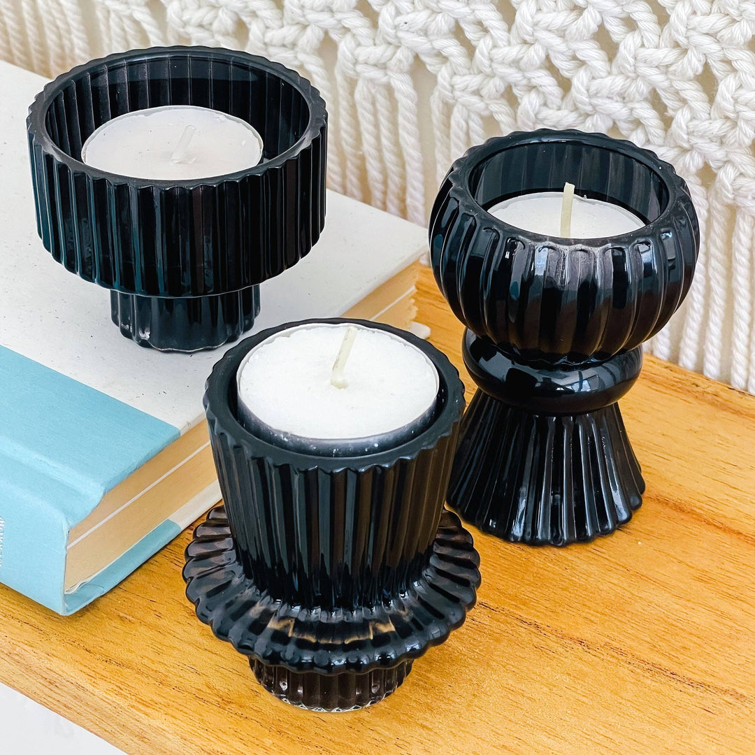 Ribbed Black Glass Candle/Candlestick Holders Set of