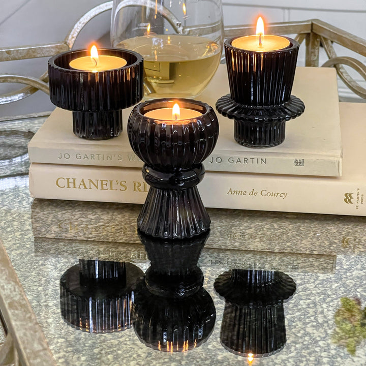 Ribbed Black Glass Candle/Candlestick Holders Set of