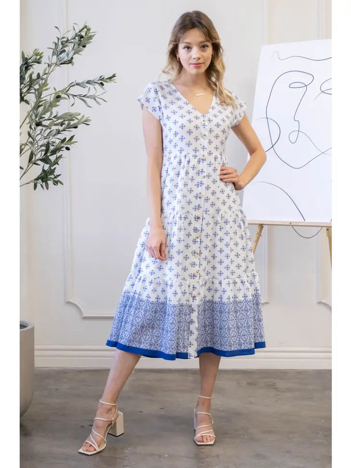 Geometric Print Midi Dress - Blue