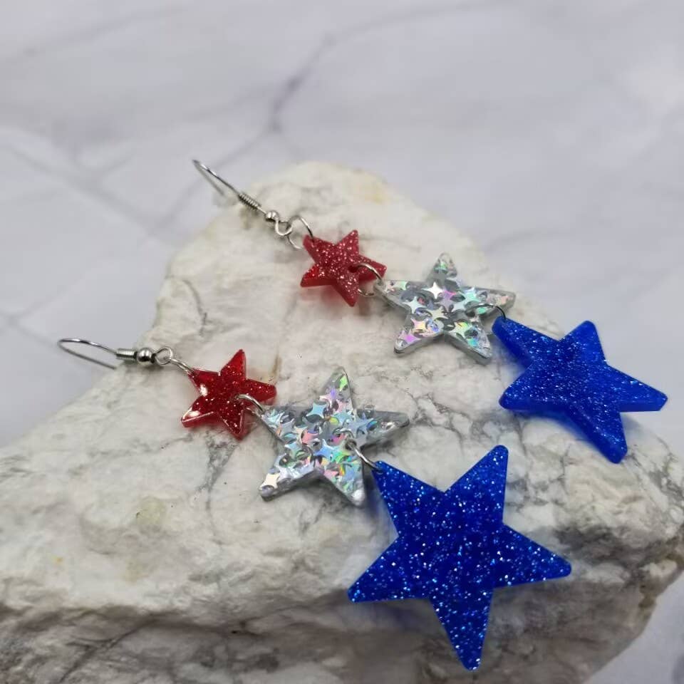Patriotic Glitter 3 Star Acrylic Earrings