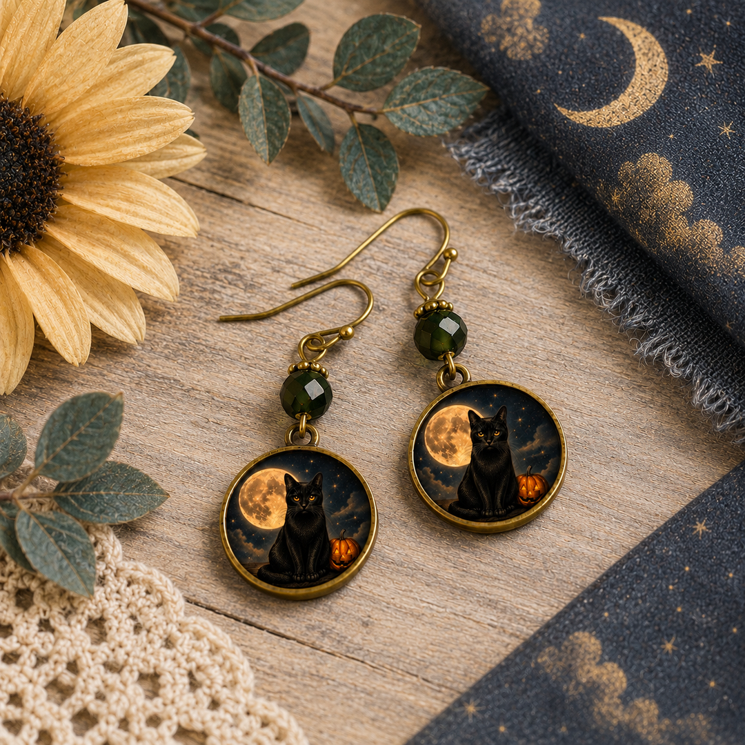 Black Cat & Pumpkin Halloween Earrings