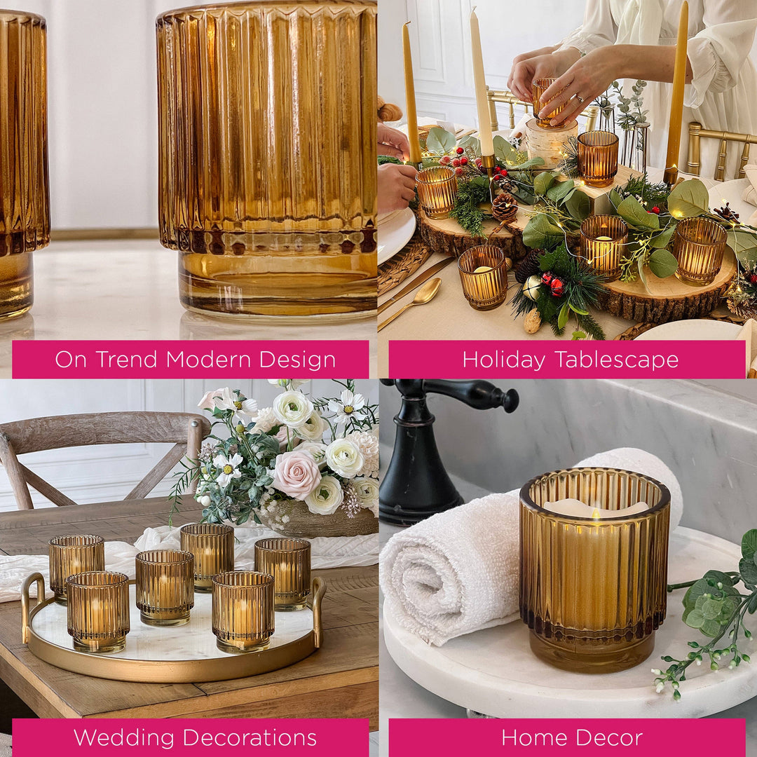 Ribbed Amber Glass Votive Candle Holder